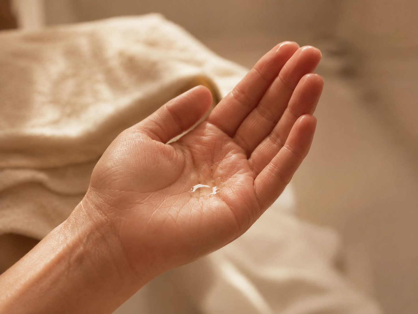 A freshly showered hand holds a few drops of after shower body oil in a warm bathroom setting.