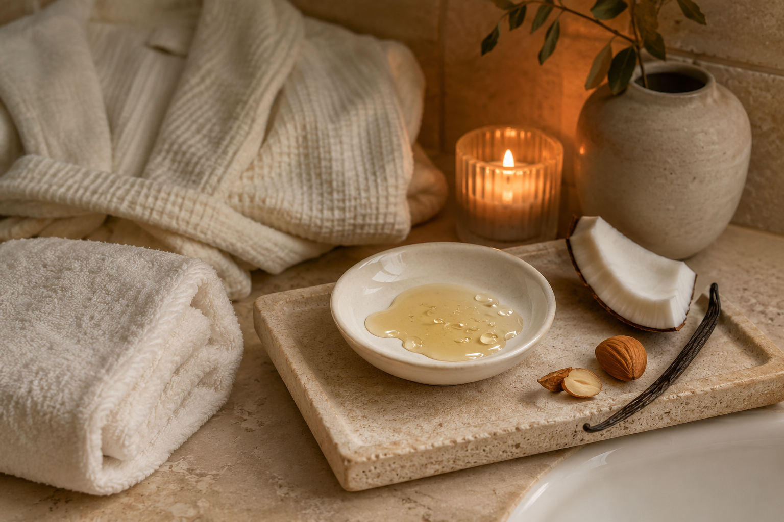 Body oils beginner guide shown with a warm post-shower bathroom routine and golden body oil texture.