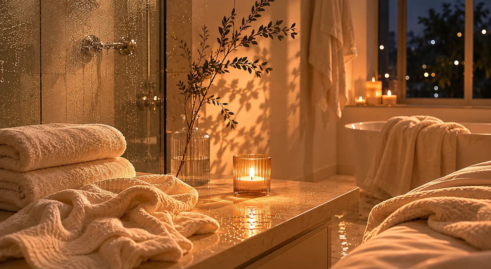 Warm cozy nighttime bathroom after a shower, soft steam on glass, folded ivory towels