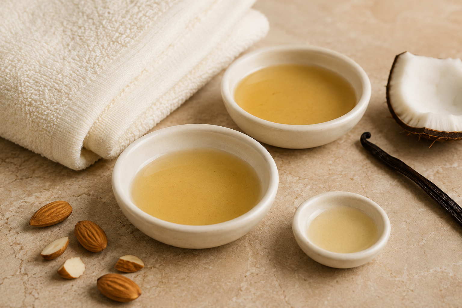 Body essential oil shown with warm vanilla coconut almond notes for post-shower care.