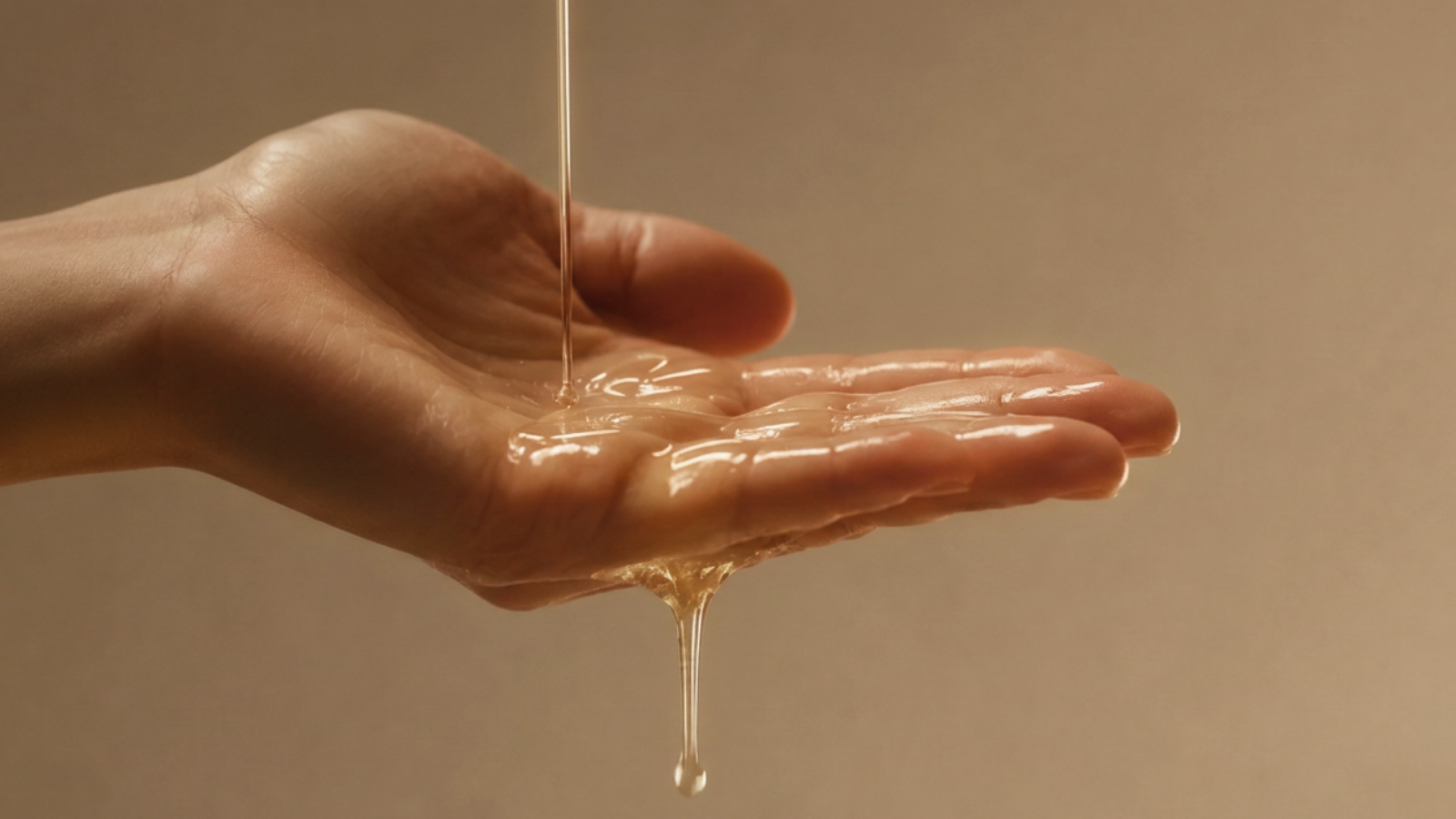 A few drops of body oil fall into an open palm, showing a light, non-greasy oil texture.