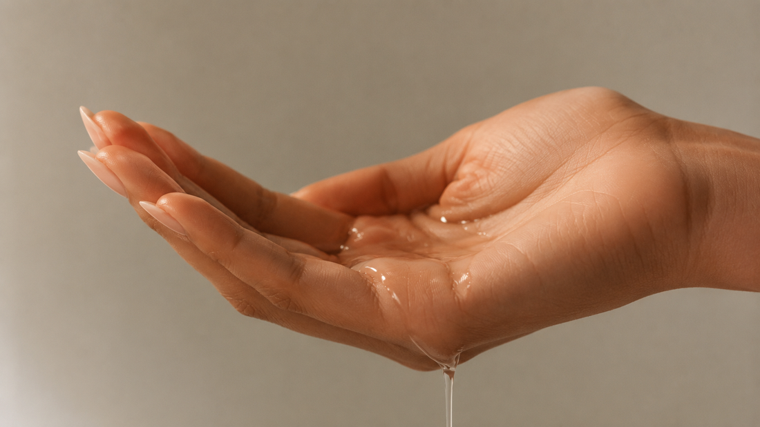 A few drops of body oil rest in an open palm, showing a smooth, lightweight texture.