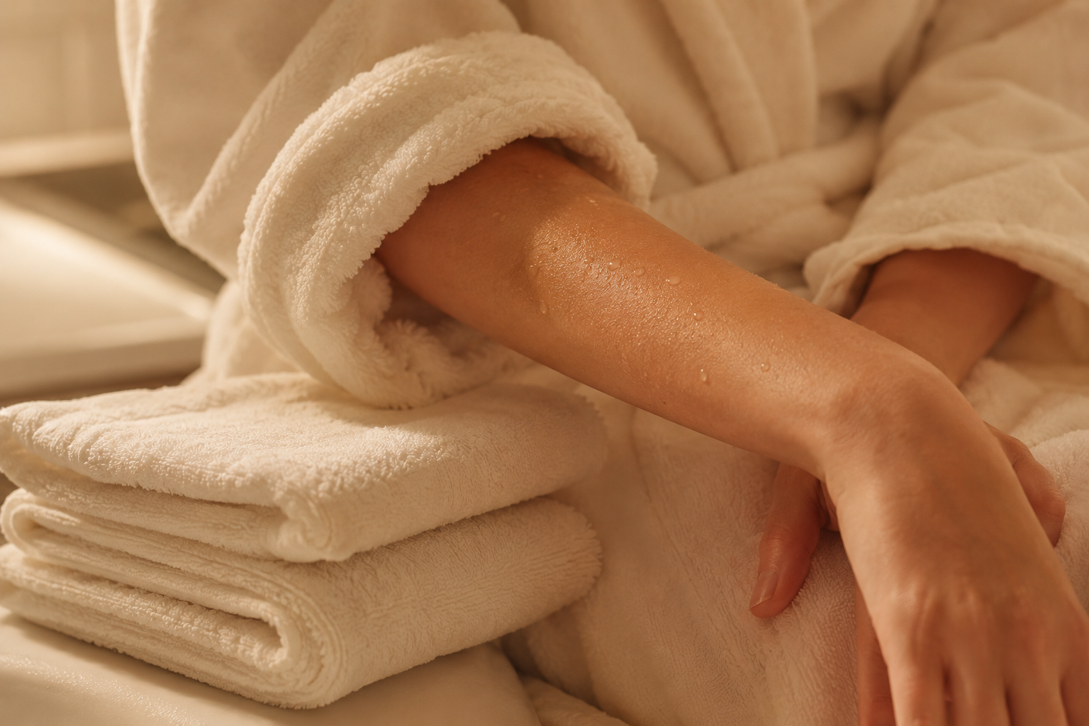 Female body oil routine for soft glowing skin after a warm shower.