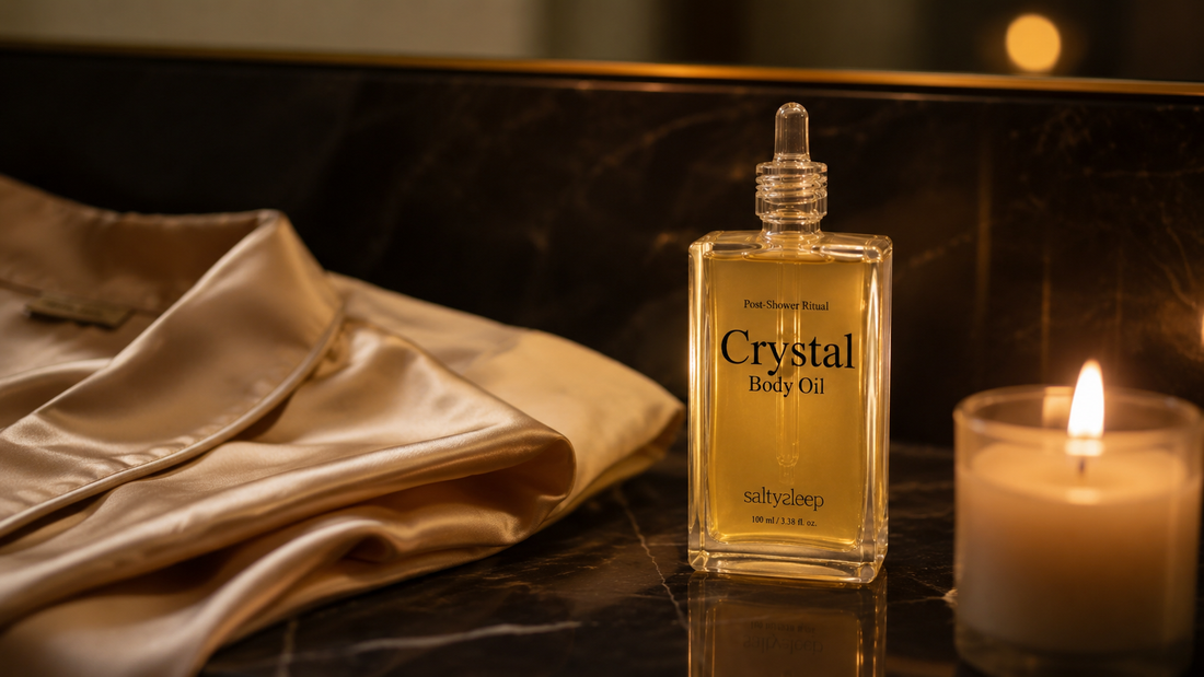 Crystal Body Oil beside a lit candle on dark silk, a warm cozy scent moment at night.