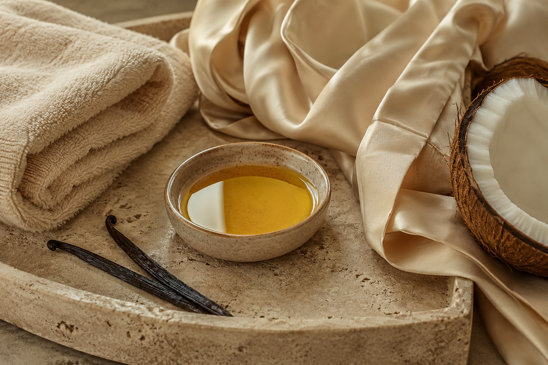 Luxury body oil ritual with cream towel vanilla coconut and warm stone tray.