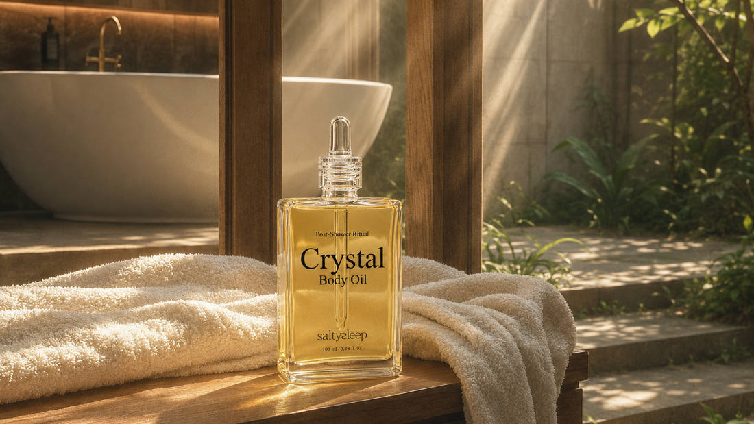 Body oil and a folded towel on a bathroom counter after a warm winter shower.