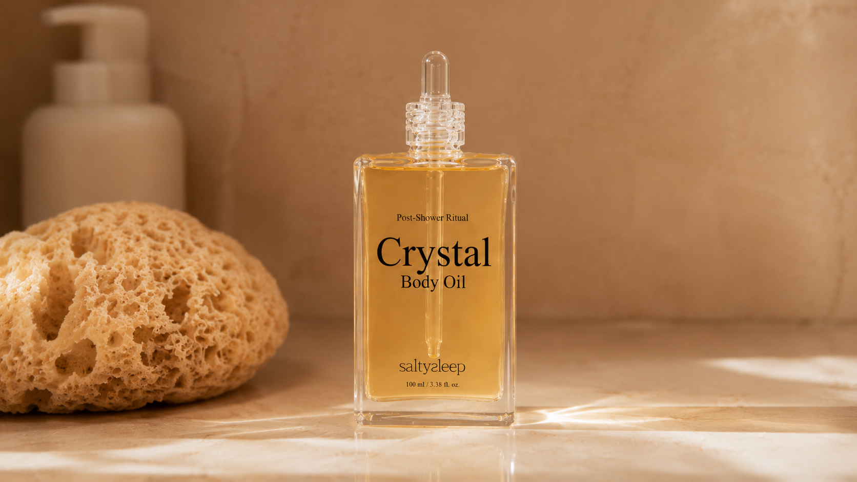 A warm, post-shower body care still life in soft light
