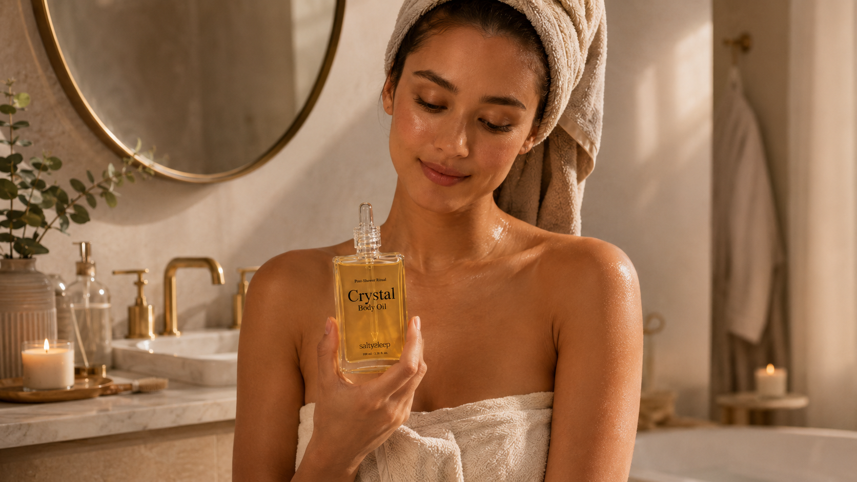 A warm, calm post-shower body care still life in soft light