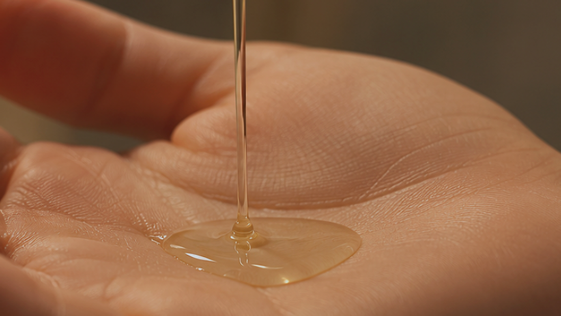 A few drops of body oil fall into an open palm, showing how little product is needed.