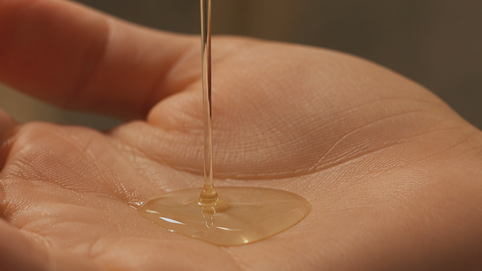 A few drops of body oil fall into an open palm, showing how little product is needed.