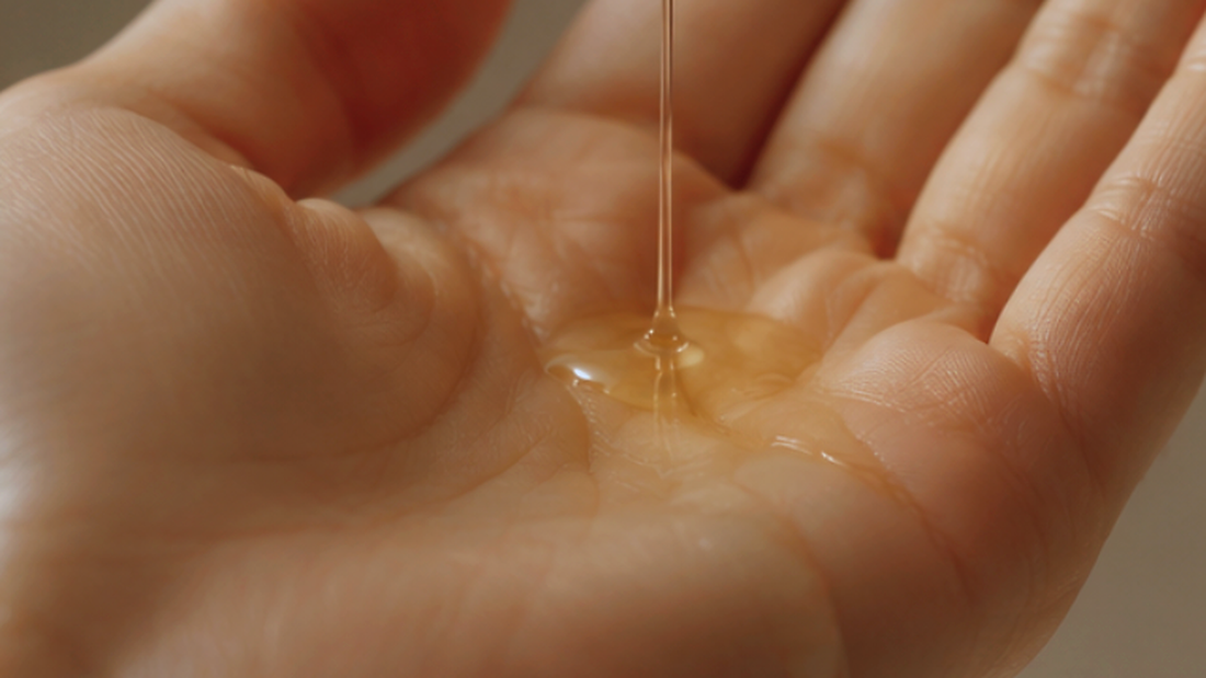 Warm still-life of a lightweight body oil in soft light
