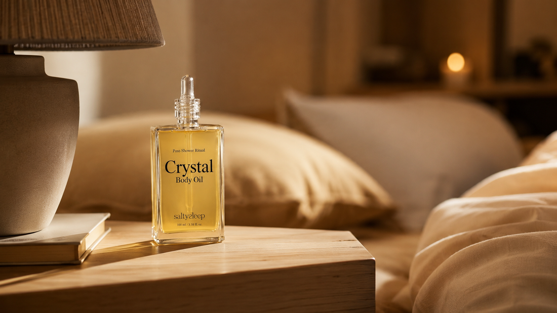 Crystal Body Oil on a nightstand beside a bed in warm light, a calm morning-or-night routine moment.