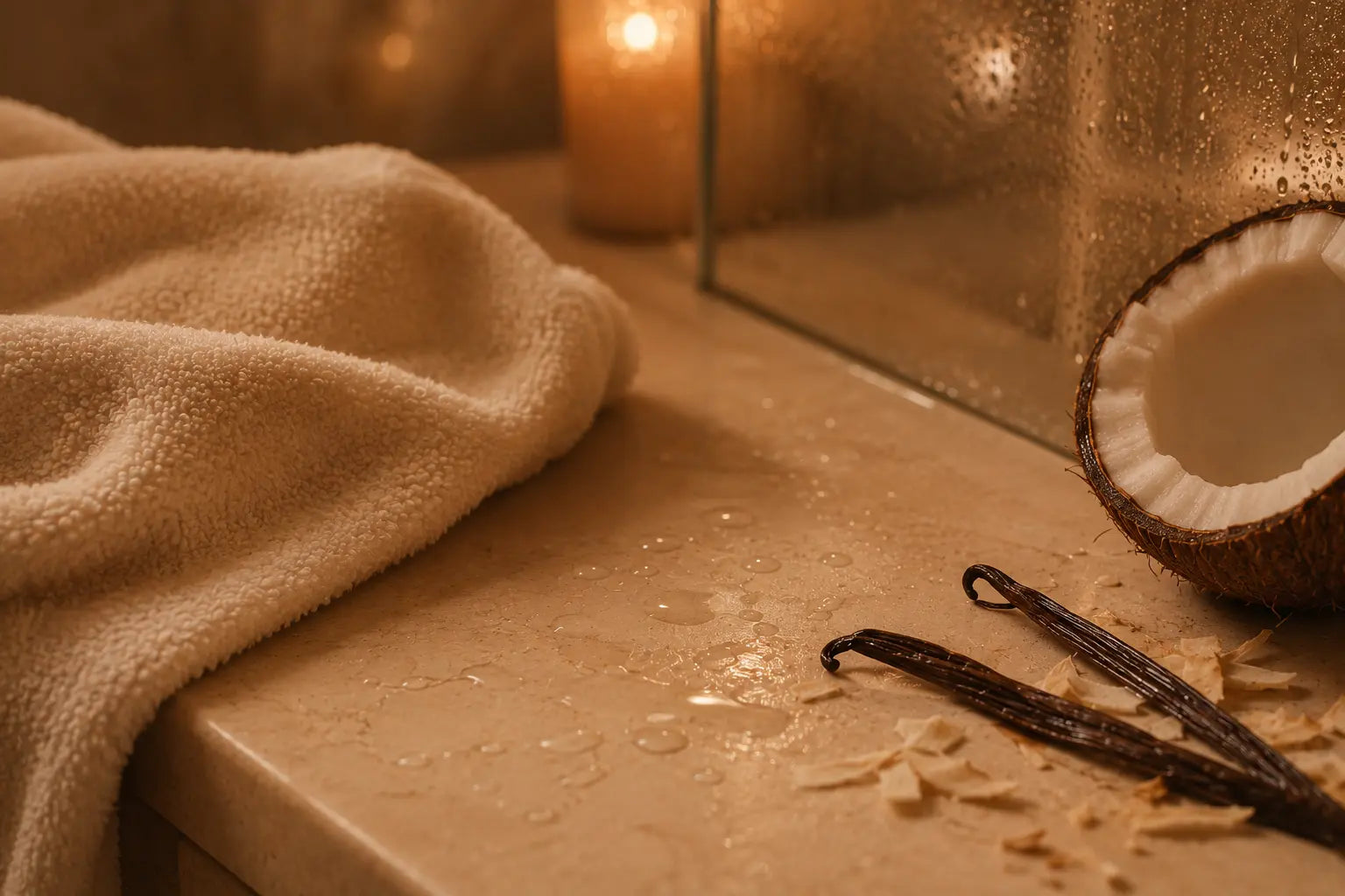 Warm post-shower bathroom scene for vanilla body oil