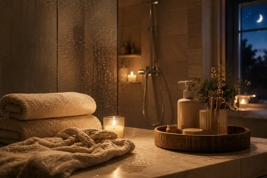 Warm nighttime bathroom scene for best body shower gel for dry skin after showering